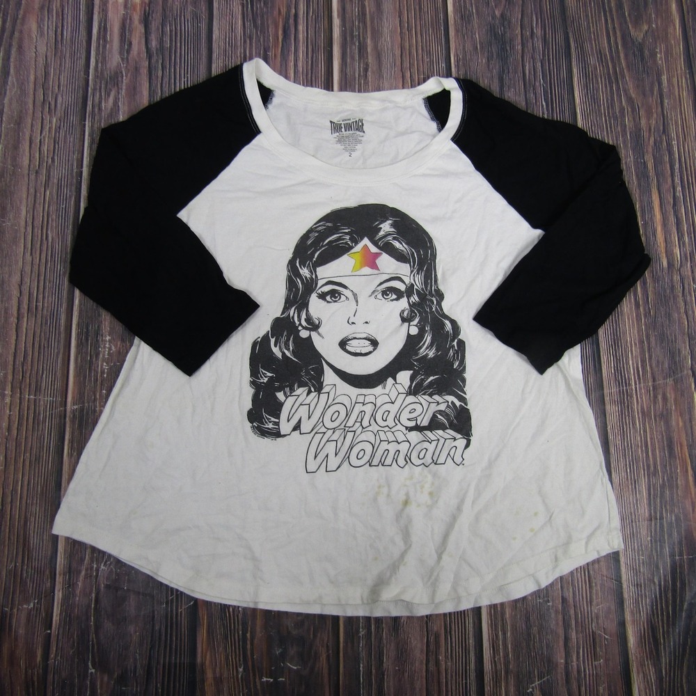True Vintage‎ Wonder Woman Shirt Womens 2 White Black Raglan 3/4 Sleeve Tee